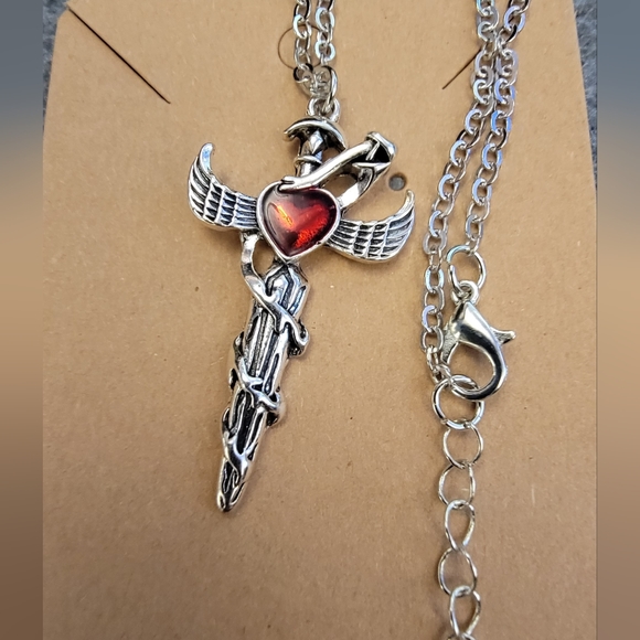 Antique Silver Red Heart Sword Necklace - Picture 3 of 5
